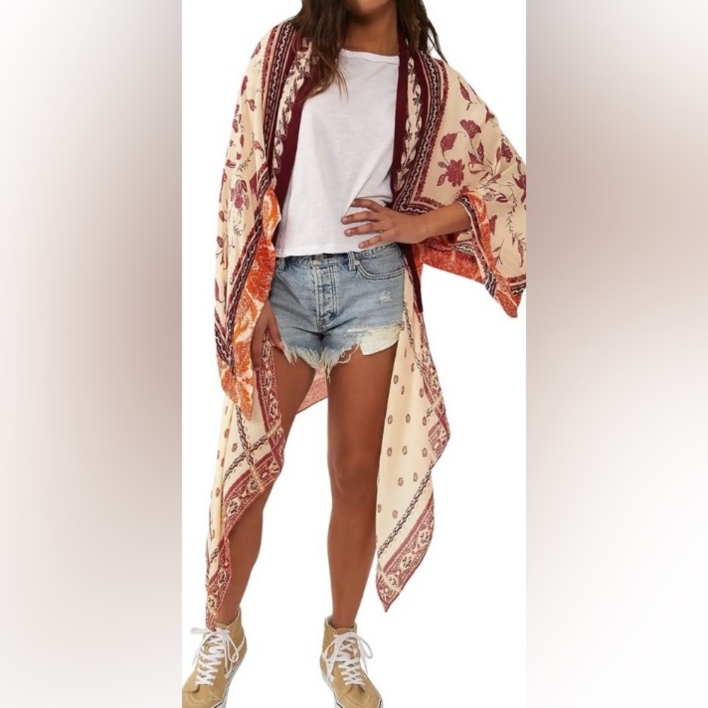 Free People Kiss the Sky Butterfly Kimono Coverup Burgundy Cream Burnt Orange OS